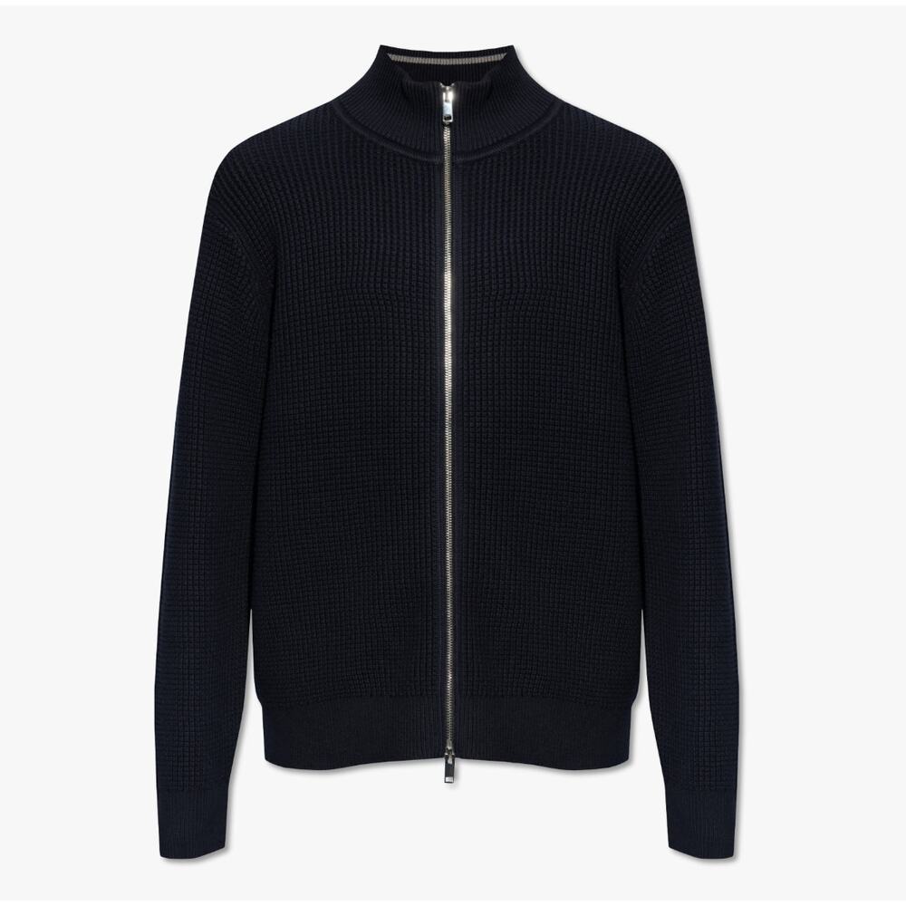 Theory Navy Blue Full Zip Knitted Cotton Cardigan With Standing Collar Size XL